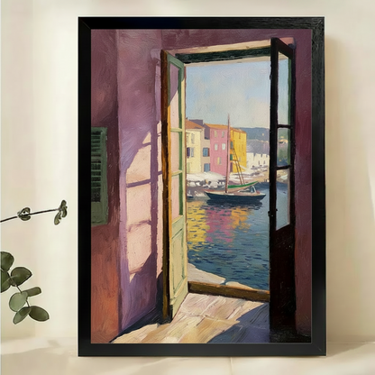 Mediterranean Harbor Through Open Window Wall Art – Impressionist Oil Painting Canvas Print on Natural Wood Frame | W2193