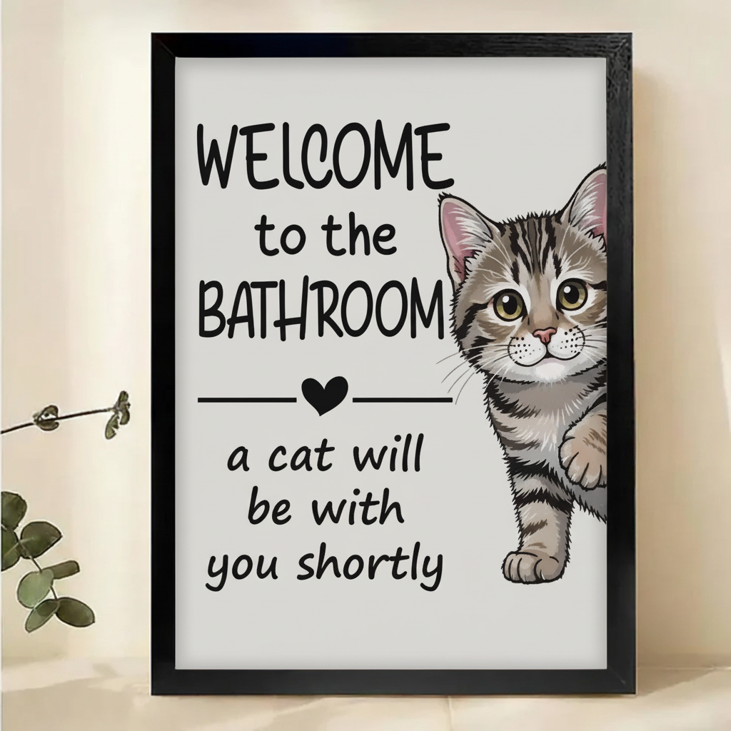 Welcome to the Bathroom Cat Wall Art – Funny Tabby Quote Canvas Print on Natural Wood Frame | W2127