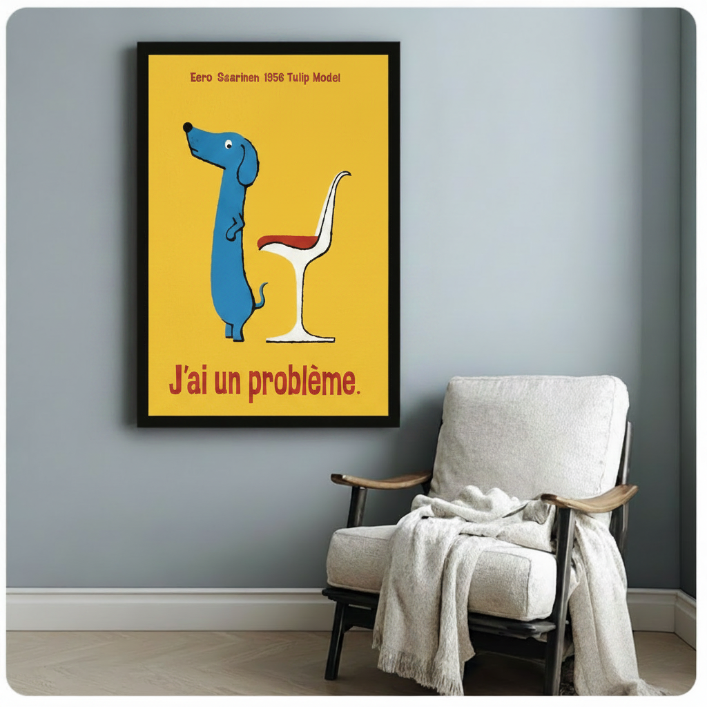 Mid-century dachshund French quote framed canvas — bold mustard yellow retro dog wall art print