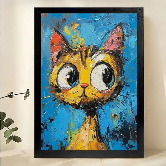 Wide-Eyed Orange Cat Wall Art – Bold Impasto Pop Art Canvas Print on Natural Wood Frame | W2289