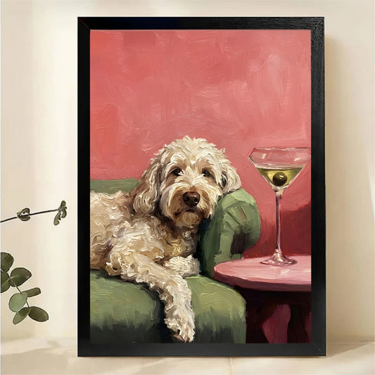 Doodle Dog with Martini Wall Art - Chic Pink Print|W1278
