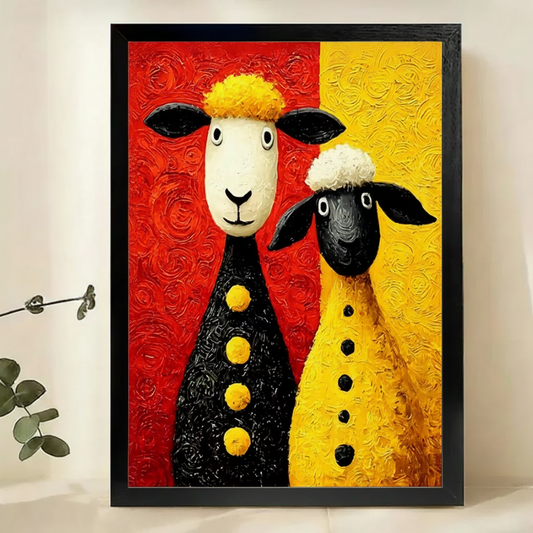 Two Whimsical Sheep Wall Art – Bold Colorful Folk Art Canvas Print on Natural Wood Frame | W2246