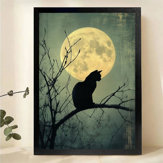 Black Cat Silhouette on Branch Under Full Moon Wall Art - Gothic Canvas Print|W1373