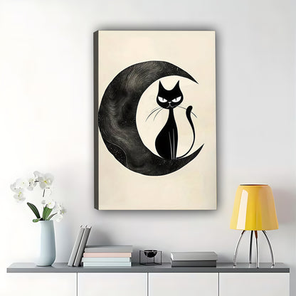The Moon & Cat Silhouette – Minimalist Dreamy Wall Art on Natural Wood Canvas | W582
