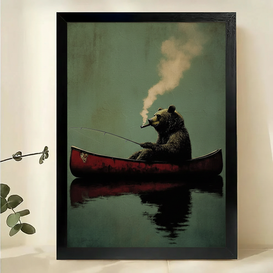 Bear Fishing in Red Canoe Wall Art – Moody Dark Luxury Animal Canvas Print on Natural Wood Frame | W2321