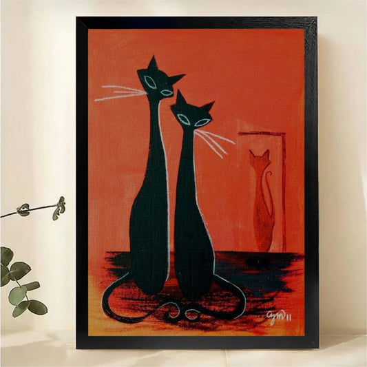 Two Sleek Black Cats with Mirror Reflection Wall Art - Mid-Century Modern Retro Canvas Print|W1422