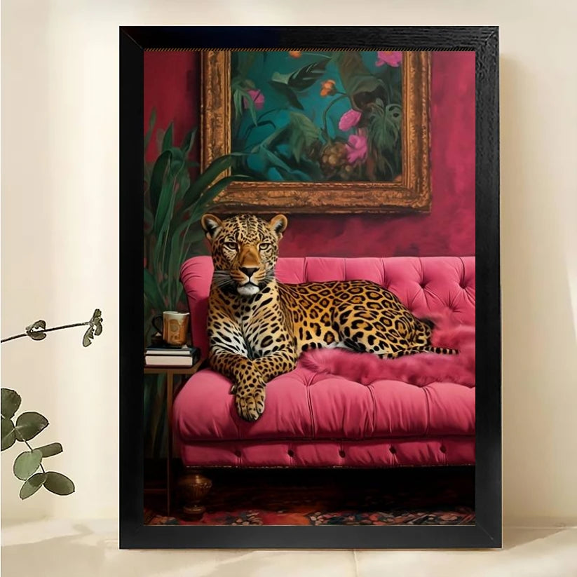 The Luxe Leopard on Pink Sofa – Retro Glam Wall Art on Natural Wood Canvas | W568