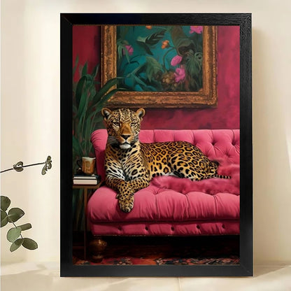 The Luxe Leopard on Pink Sofa – Retro Glam Wall Art on Natural Wood Canvas | W568