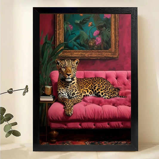 The Luxe Leopard on Pink Sofa – Retro Glam Wall Art on Natural Wood Canvas | W568