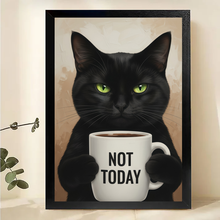 Black Cat Coffee Art Print - Not Today Funny Cat Wall Decor| W1019
