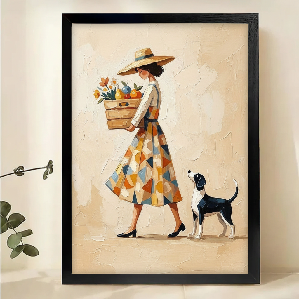 Market Day Woman & Beagle Wall Art – Vintage Bohemian Oil Painting Canvas Print on Natural Wood Frame | W2175