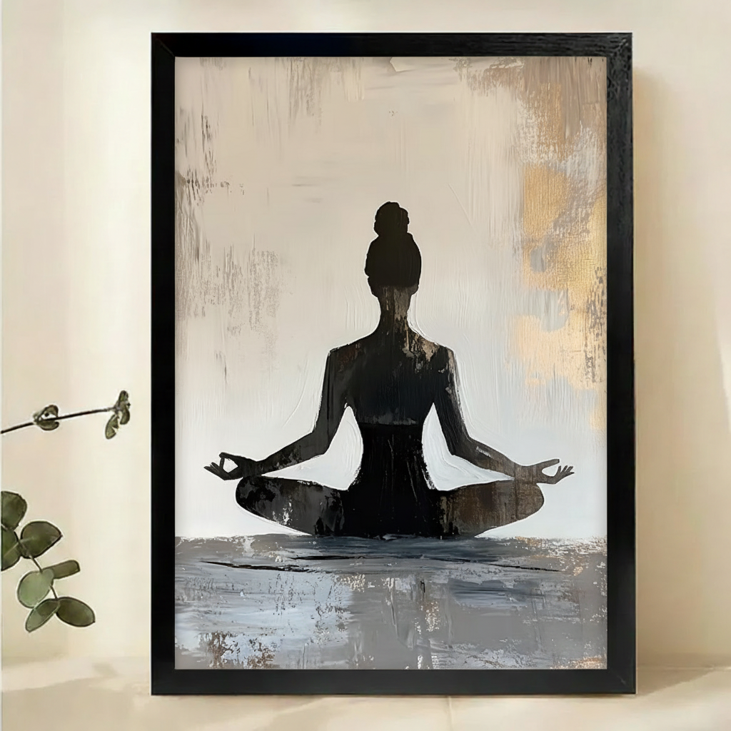 Meditating Woman Silhouette Wall Art – Zen Yoga Canvas Print on Natural Wood Frame | W2115