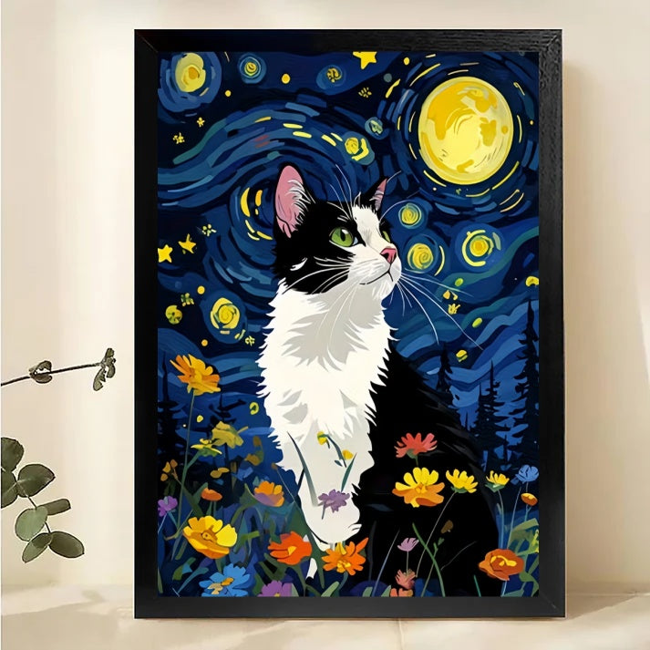 Tuxedo Cat Starry Night Wall Art - Van Gogh Style Print| W1053