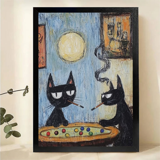 Two Black Cats Smoking Wall Art - Quirky Vintage Cat Canvas Print|W1331