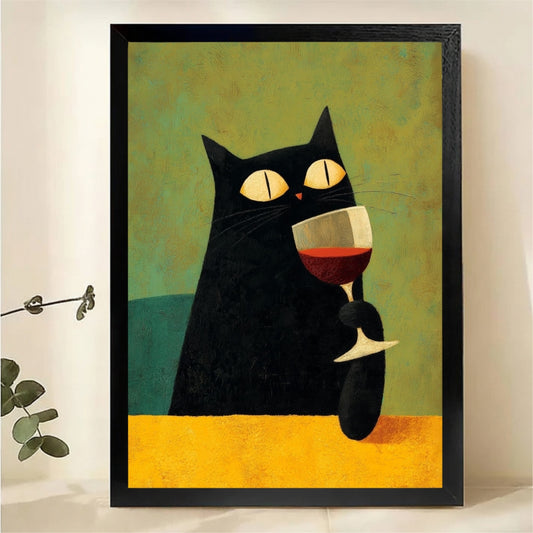 Black Cat with Wine Glass Wall Art - Bold Colorful Print|W1260