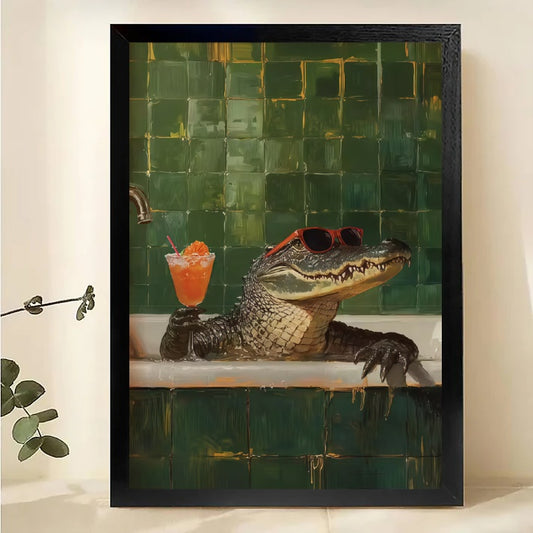Alligator in Bathtub with Cocktail Canvas Wall Art - Funny Animal Bathroom Decor|W1059