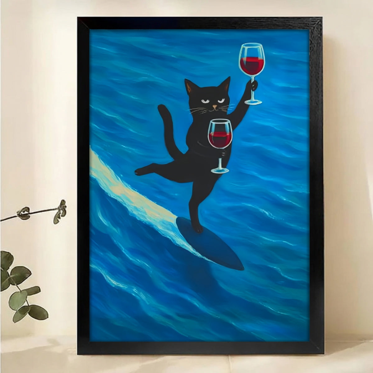 Surfing Cat Wine Canvas Print - Funny Beach Vibes Wall Art|W1184