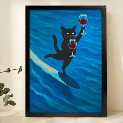 Surfing Cat Wine Canvas Print - Funny Beach Vibes Wall Art|W1184