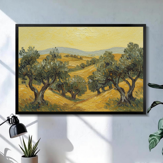 Olive grove landscape framed canvas wall art – vintage oil painting style in black frame