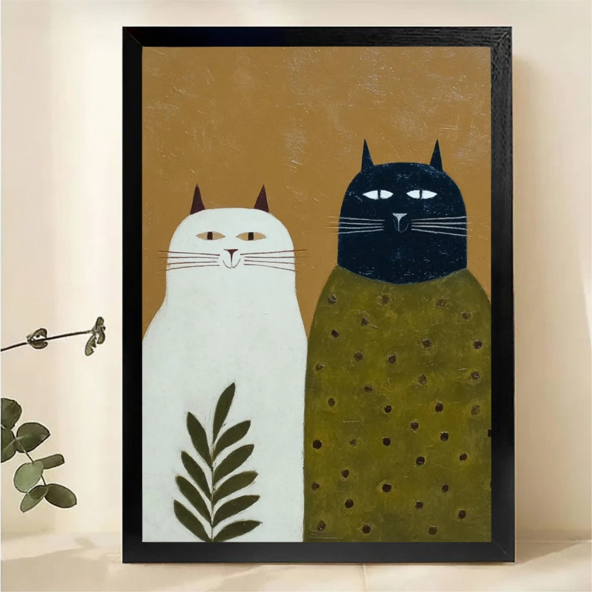 White and Black Cat Duo Wall Art - Modern Folk Art Canvas Print|W1391