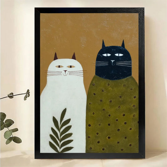 White and Black Cat Duo Wall Art - Modern Folk Art Canvas Print|W1391