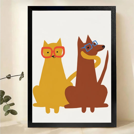Cat and Dog with Glasses Wall Art Print - Whimsical Pet Illustration|W1230