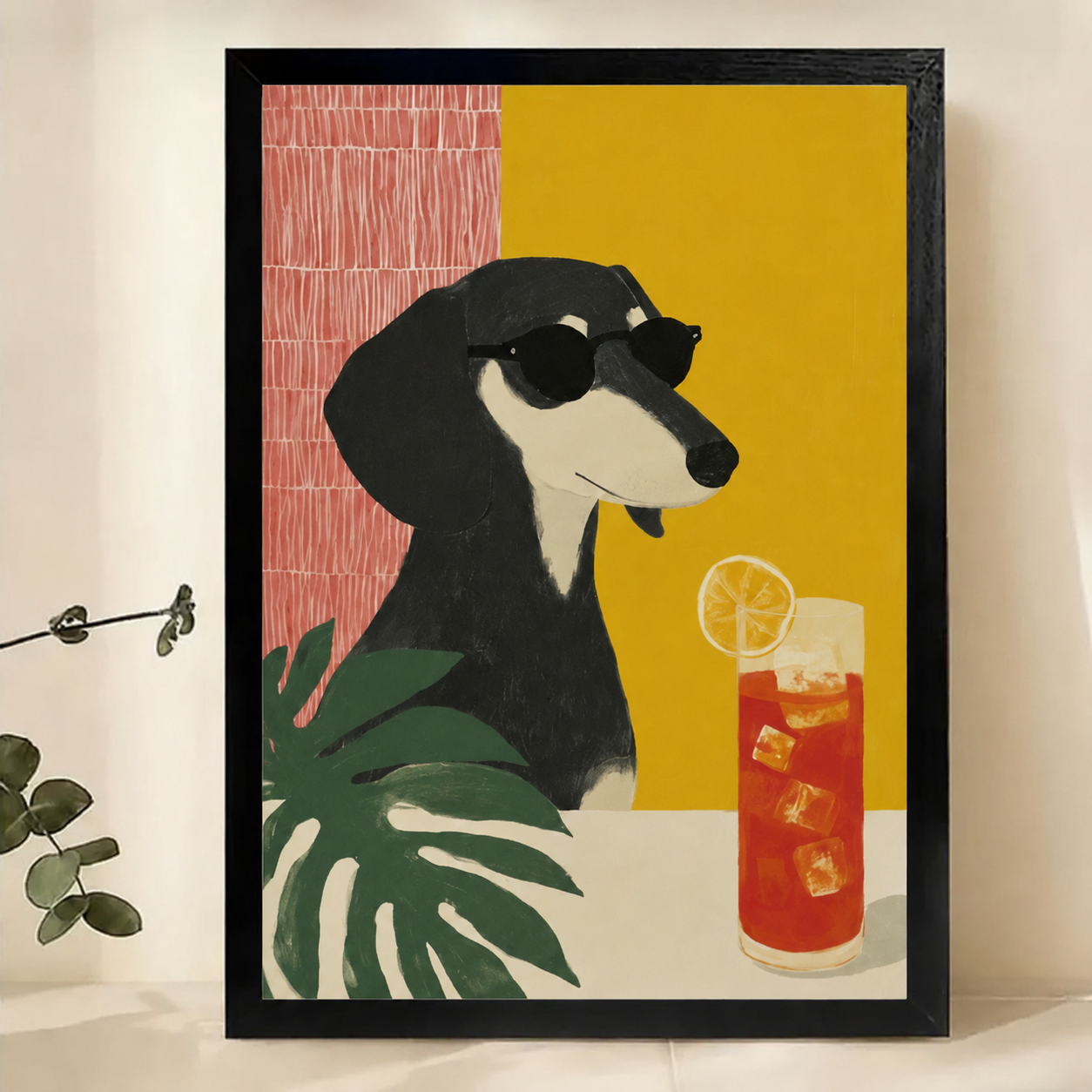 Dachshund with Iced Tea Wall Art – Cool Retro Dog Canvas Print on Natural Wood Frame | W2278