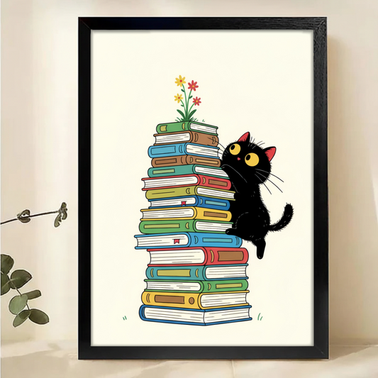 Black Cat with Books Wall Art Print - Cute Reading Cat Poster|W1189
