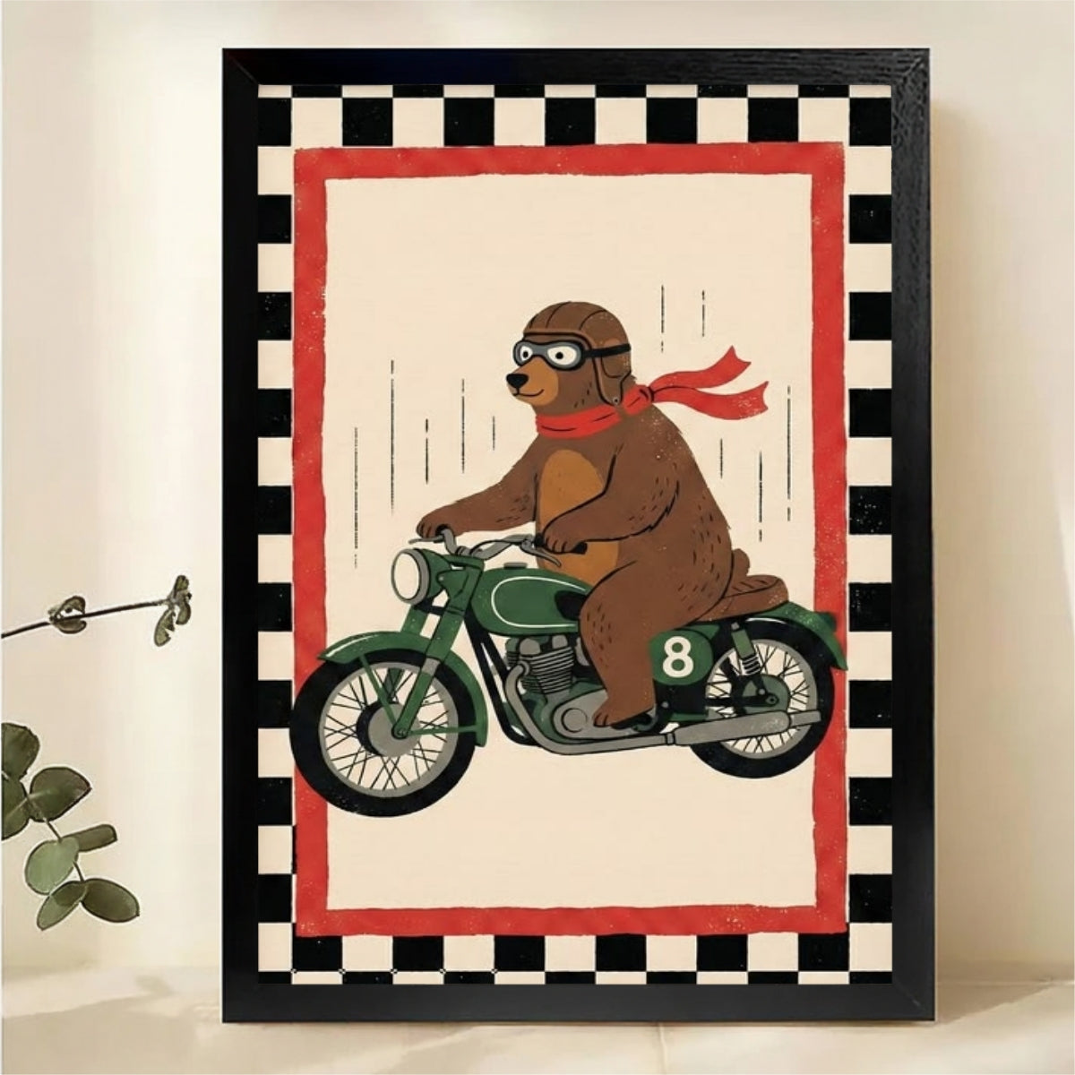 Bear on Motorcycle Wall Art – Retro Racing Animal Canvas|W1461