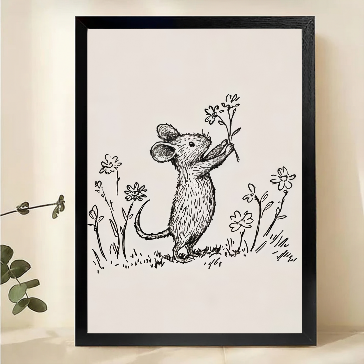 Mouse Smelling Flowers Line Art Print - Minimalist Black & White|W1068