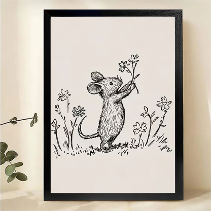 Mouse Smelling Flowers Line Art Print - Minimalist Black & White|W1068