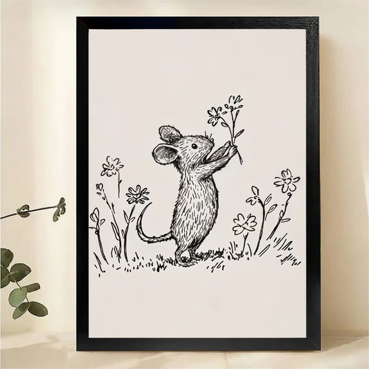 Mouse Smelling Flowers Line Art Print - Minimalist Black & White|W1068