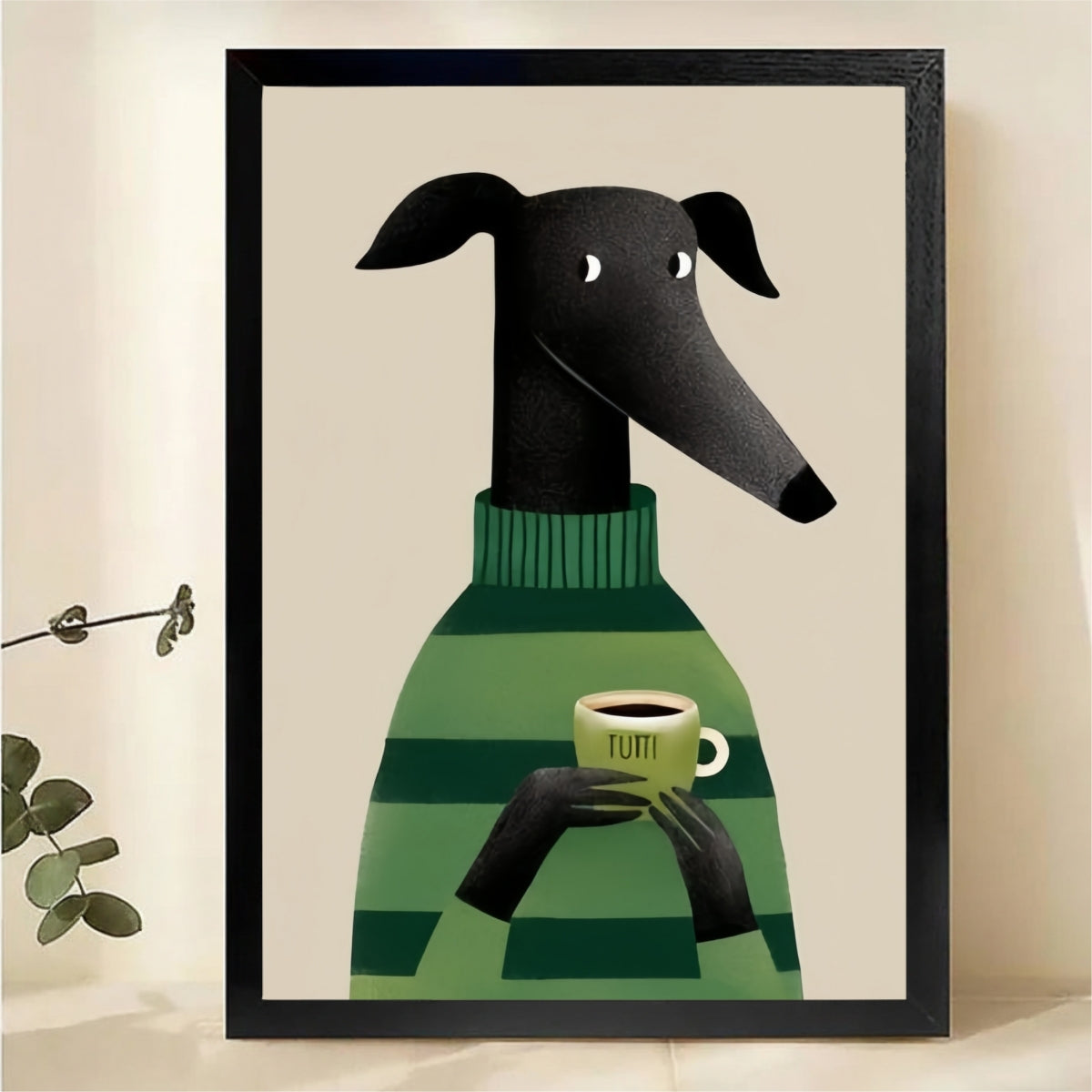 Greyhound with Coffee Wall Art - Cozy Green Sweater Print|W1269
