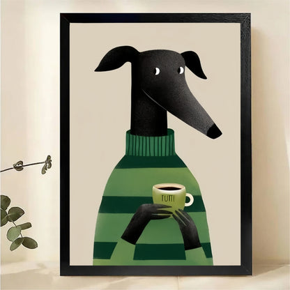 Greyhound with Coffee Wall Art - Cozy Green Sweater Print|W1269