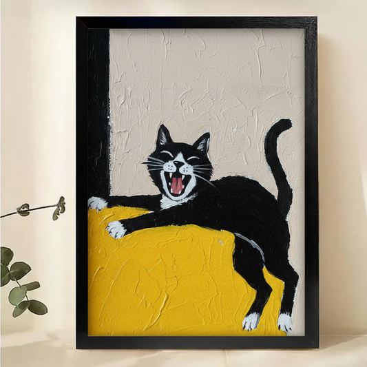 Laughing Tuxedo Cat on Yellow Sofa Wall Art – Bold Impasto Oil Painting Canvas Print on Natural Wood Frame | W2221