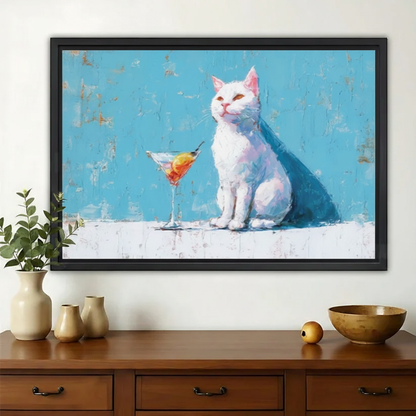 White Cat with Martini Glass Wall Art – Chic Luxury Cat Canvas Print on Natural Wood Frame | W2138