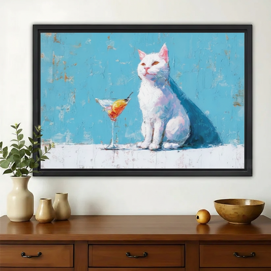 White Cat with Martini Glass Wall Art – Chic Luxury Cat Canvas Print on Natural Wood Frame | W2138