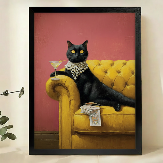 Glamorous Black Cat with Martini & Pearls Wall Art – Luxury Vintage Cat Canvas Print on Natural Wood Frame | W2101