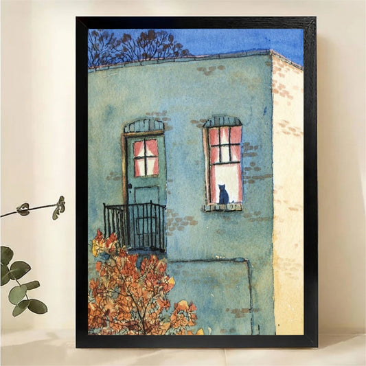 Cat in Window Wall Art - Cozy European Village Canvas Print|W1327