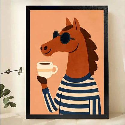 Coffee Horse Wall Art Print - Whimsical Animal Illustration|W1224