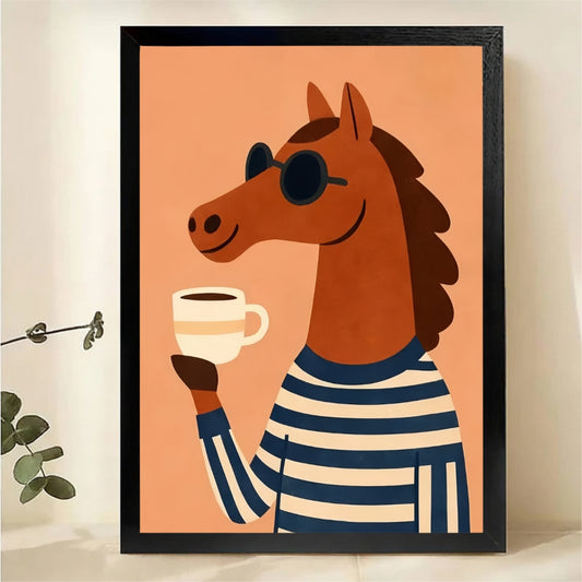Coffee Horse Wall Art Print - Whimsical Animal Illustration|W1224