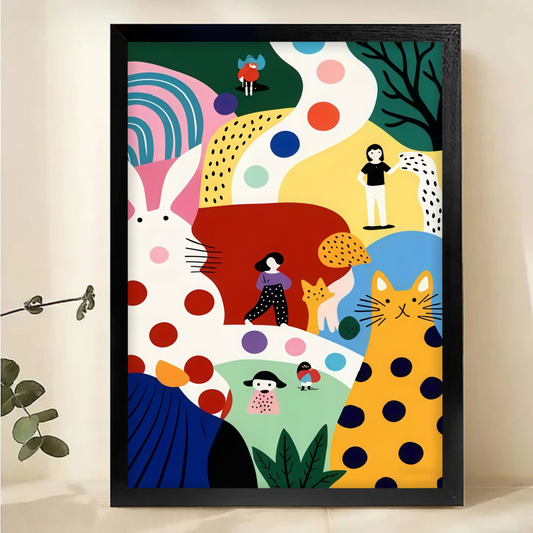 Whimsical Cat & Rabbit Abstract Art Print - Colorful Modern Wall Decor|W1141