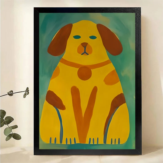 Abstract Yellow Dog on Teal Wall Art - Modern Folk Art Canvas Print|W1384