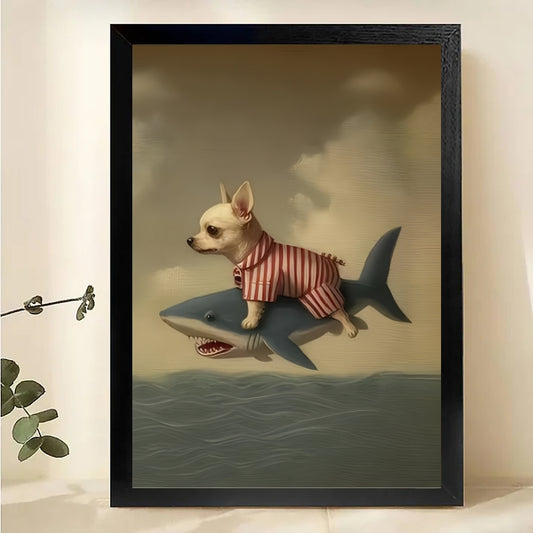Chihuahua Riding Shark Framed Art – Surreal Animal Wall Print| W1032
