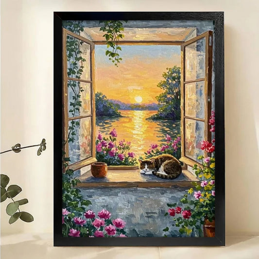 Sleeping Cat Window View Canvas Print - Sunset Lake Landscape Wall Art|W1170