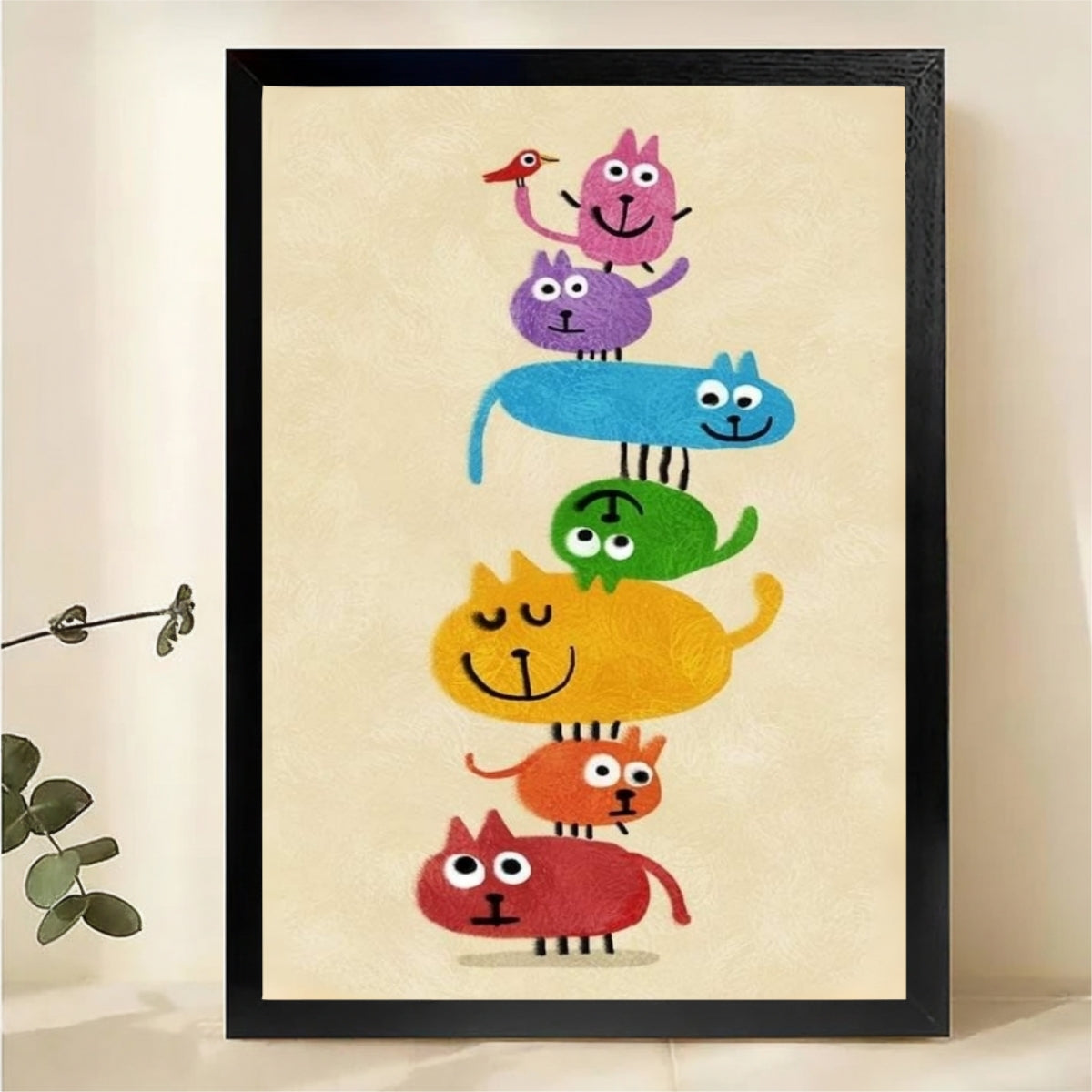Stacked Colorful Cats Wall Art - Whimsical Rainbow Cat Print|W1244