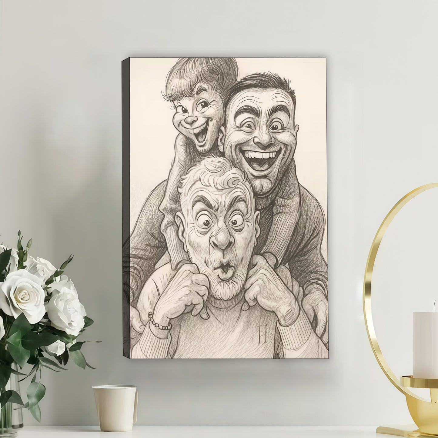 Luxury Custom Black and White Caricature Portrait - Personalized Timeless Gift for Individuals, Couples &amp; Families - Hand-Drawn Style Canvas