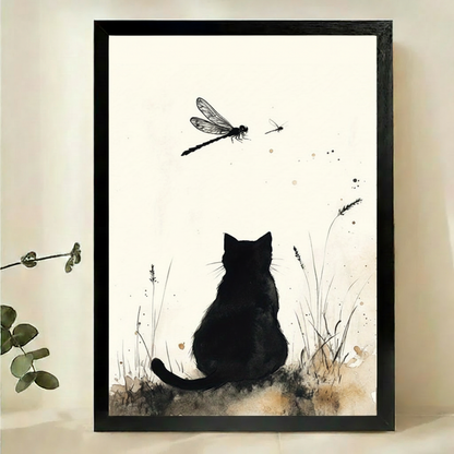 Black Cat & Dragonfly Wall Art – Zen Ink Brush Cat Canvas Print on Natural Wood Frame | W2109