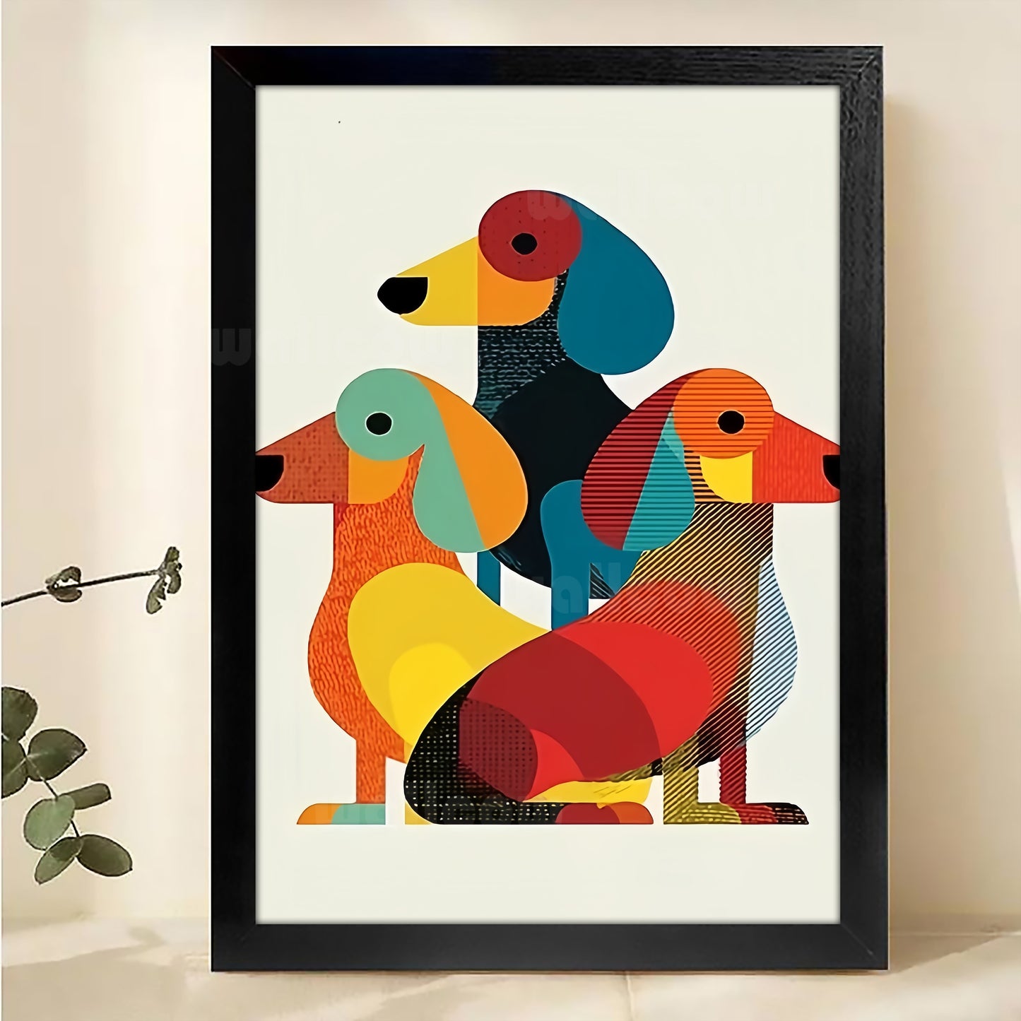 The Geometric Dachshund Trio – Modern Pop Wall Art on Natural Wood Canvas | W596