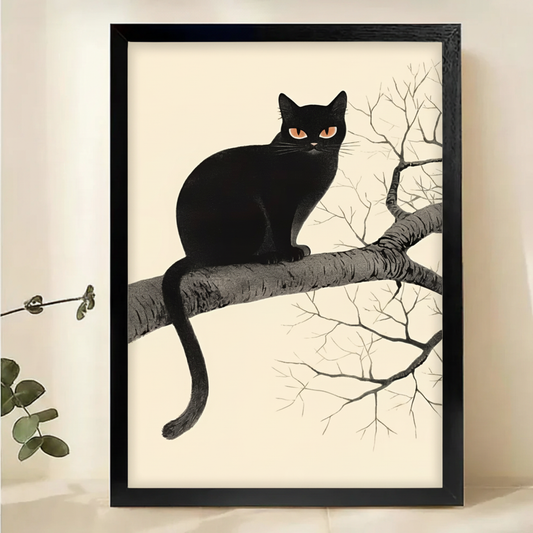 Black Cat on Bare Branch Wall Art – Minimalist Japanese-Style Canvas Print on Natural Wood Frame | W2149